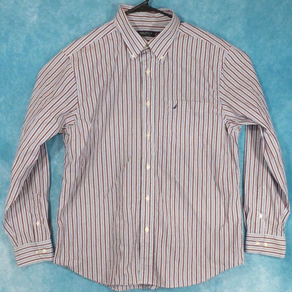 Nautica A Bit Trimmer Wrinkle Resistant Men's Shirt, White w/ Red/Blue, Size XL
